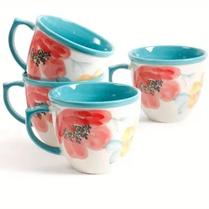 Vintage Bloom Turquoise Cermaic 4-Piece 16-Ounce Coffee Mug Set