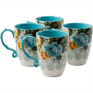 Rose Shadow Turquoise 4-Piece 26-Ounce Stoneware Latte Mug Set