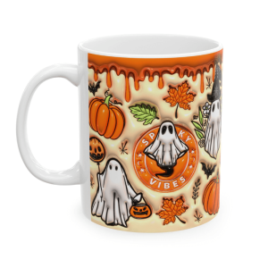 11oz 3D Spooky Vibes Halloween Ceramic Coffee Mug, Tea Cup - Designed & Sublimation Printed in USA - Dishwasher & Microwave Safe - Birthday Gift, Holiday Gift, Gift For Her, Halloween