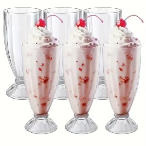 6-Piece Set Glass Milkshake and Ice Cream Soda Glasses with 3 Long-Handle Stainless Steel Spoons - Lead-Free, Reusable, Hand Wash Only Multipurpose Drinkware for Sundaes, Cocktails, and Cold Beverages