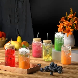 6pcs, Glass Cups, 17.8ozu002F550ml Glass Cups With Lids And Straws, Mason Jar Drinking Glasses, Ice Coffee Cup, Glass Cups With Bamboo Lids, Cute Cups, Beer, Reusable Straws And Straw Cleaner For Restaurantu002F Hotel